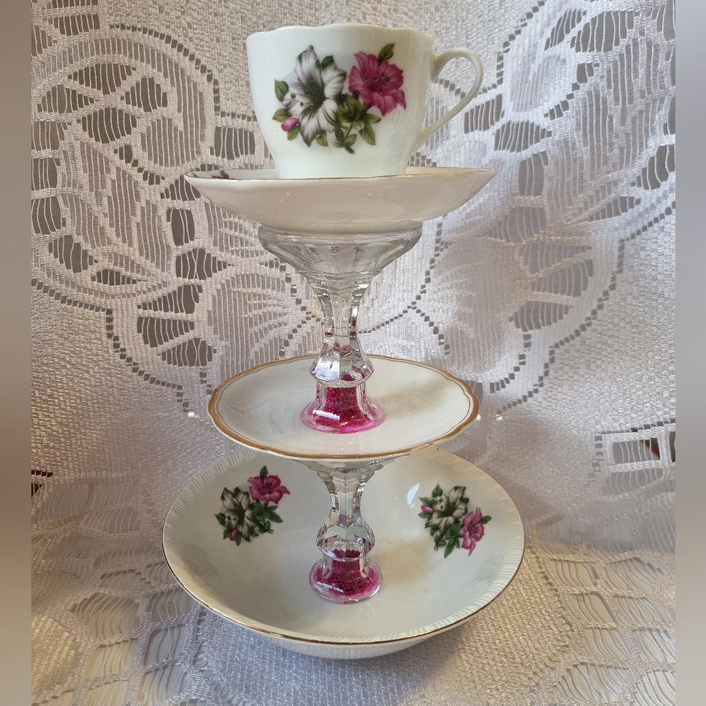 Vintage Upcycled Floral Porcelain Teacup and Saucer Tiered Display Or Cake Stand